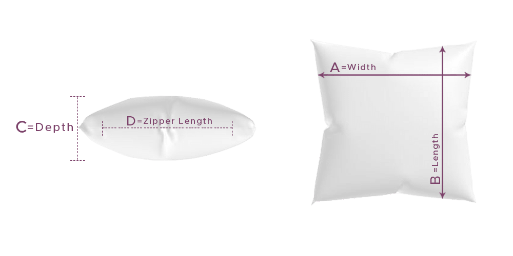 Hight, width, depth, and zipper length of throw pillow
